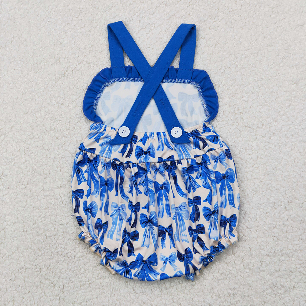 4.14 SR2919 RTS NO MOQ Baby Girls Summer Rompers Blue ruffle straps bows baby girls summer romper