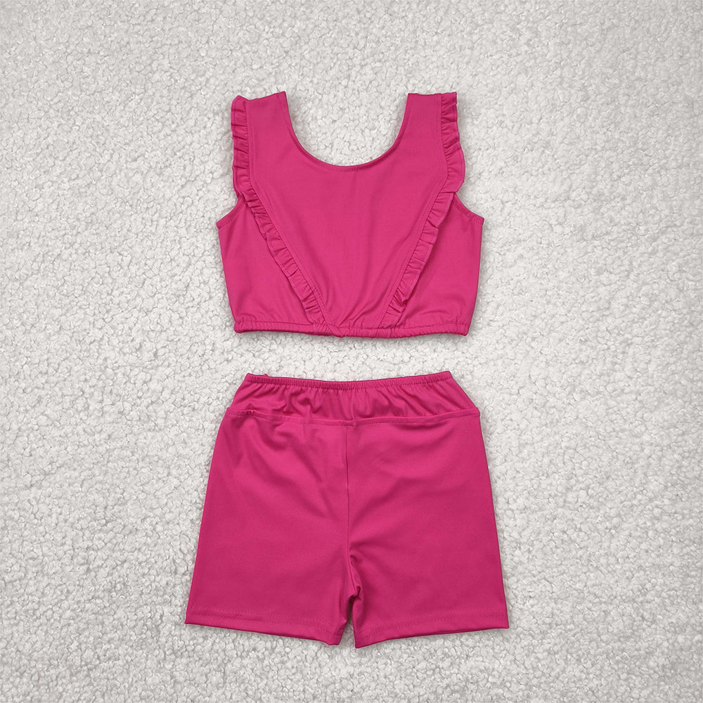 GSSO2284RTS NO MOQ Baby Girls Yoga Outfits Girls Hot Pink Ruffle Crop Top Shorts Set Yoga Outfit Fitness Gymnastics Dancewear Sportswear Active Wear Children's Clothing