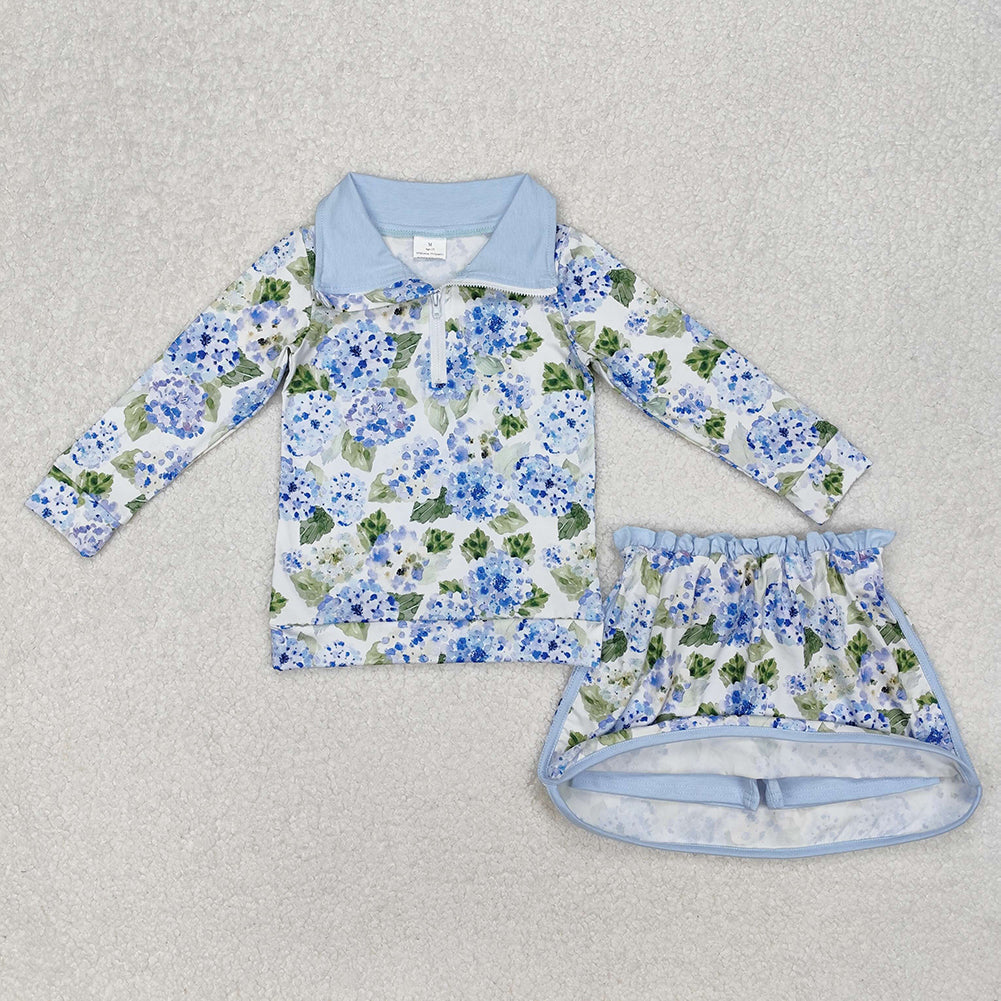 GLD1016Kids Girls Light Blue Floral Long Sleeve Top Skirt Set Cute Floral Print Outfit for Children