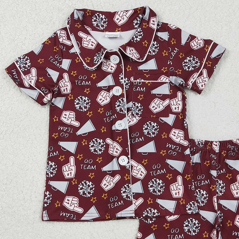 RTS NO MOQ （In stock）GSSO2678 Baby Girls Summer Pajamas Outfits Dark Red Short Sleeve Button Top Pajamas Set Cheer Team Outfit Comfortable Sleepwear for Infants