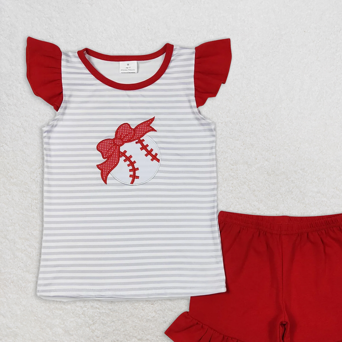 GSSO0605  RTS NO MOQ Baby Girls Summer Outfits Stripe baseball shirt ruffle shorts girls clothing
