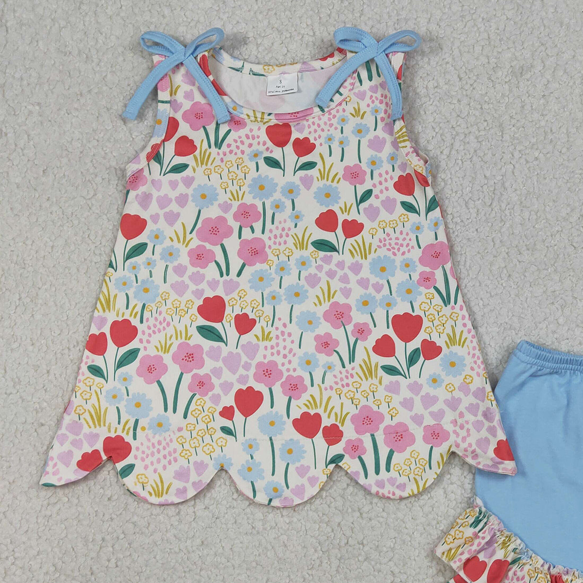 4.7 GSSO3390 RTS NO MOQ （In stock ）Baby Girls Sleeveless Colorful Flowers Scallop Tunic Ruffle Shorts Clothes Set