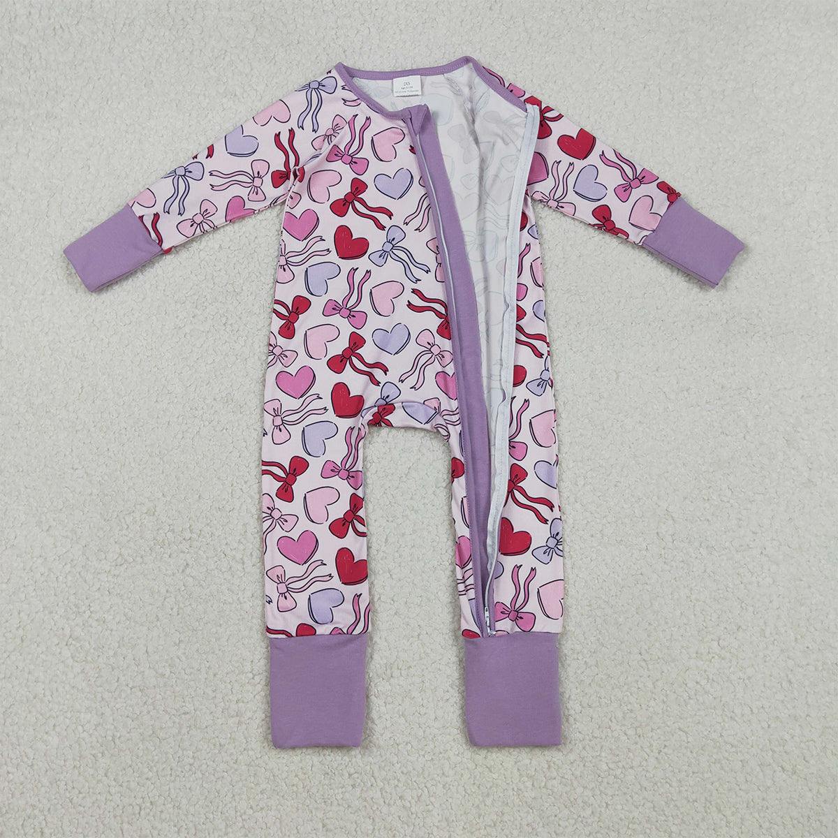 12.4 RTS NO MOQ （In stock）LR2883 Baby Boys Winter Rompers Baby Girls Long Sleeve Hearts Bows Valentines Two Way Zip Convertible Rompers