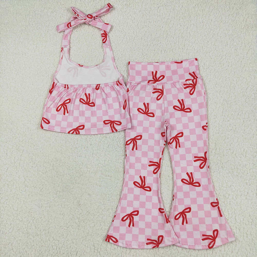 8.16 GSPO2030 RTS NO MOQ Baby Girls Spring Outfits Baby Girls Strap Pink Plaid Vest Halter Top Bell Bottom Pant Sets