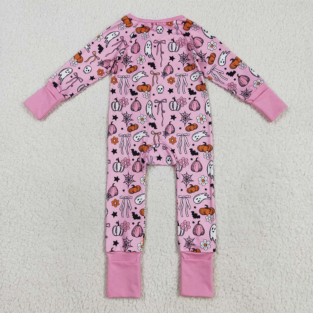 8.23 RTS NO MOQ （In stock）LR2405Baby Girls Winter Rompers Baby Girls Pink Ghost Pumpkins Halloween Zipper Footie Rompers