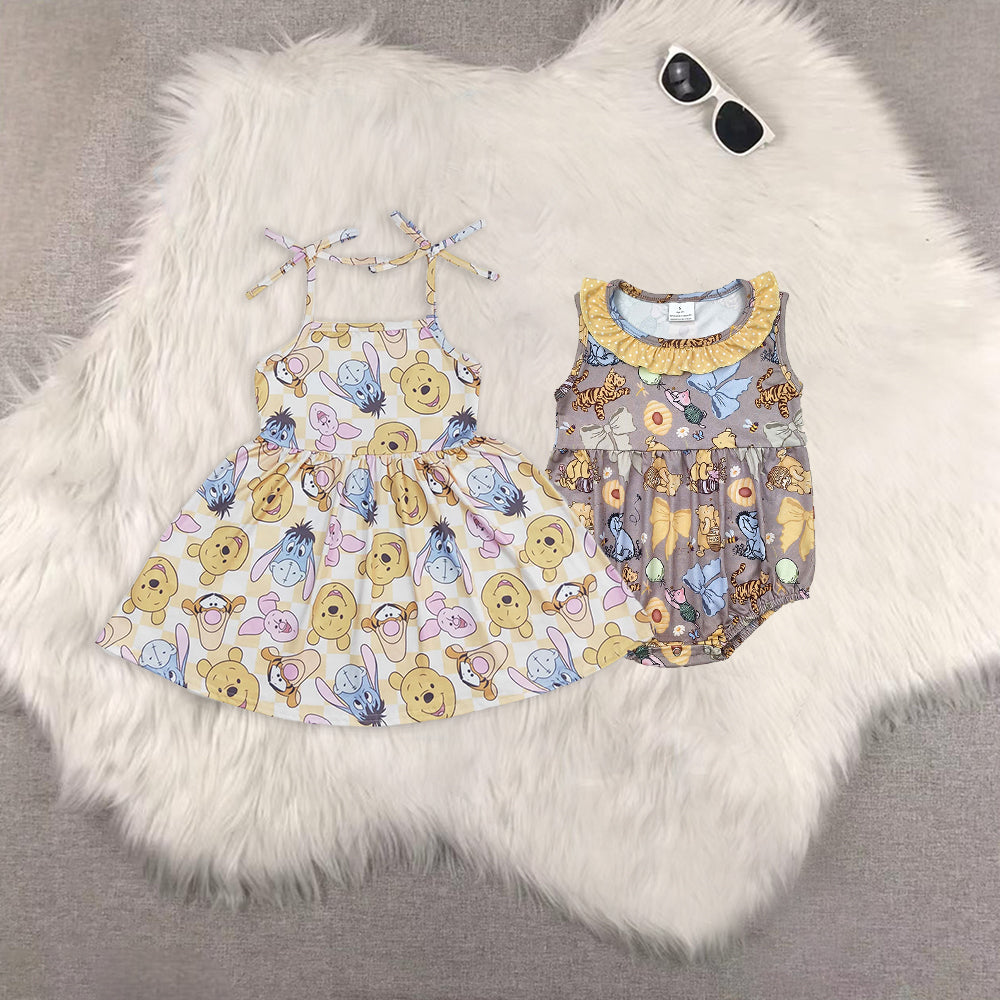 8.13  RTS Sibling Baby Girls Summer Outfits Straps plaid bear kids girls summer dress rompers