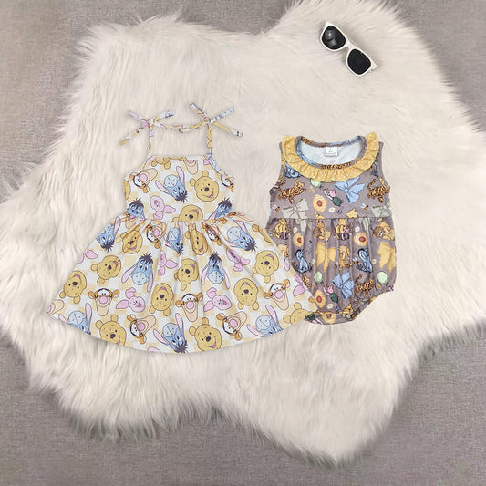 8.13  RTS Sibling Baby Girls Summer Outfits Straps plaid bear kids girls summer dress rompers