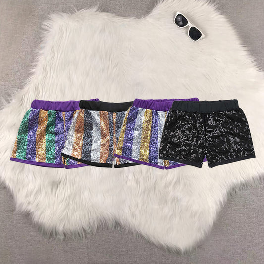 8.19 RTS Sibling Baby girls Summer Shorts Purple gold green stripe sequin girls Mardi gras shorts