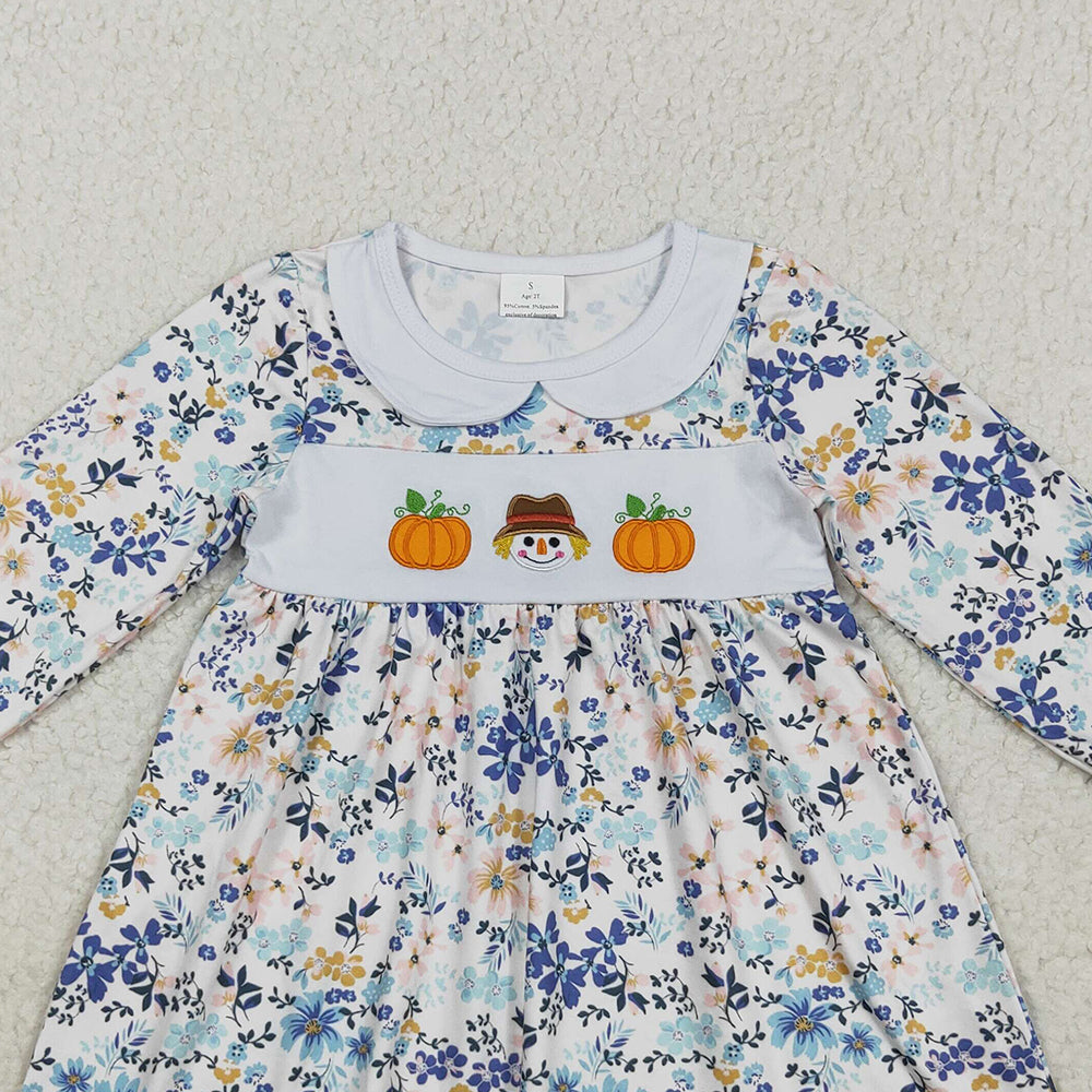 RTS NO MOQ （In stock）GLD1071 Baby Girls Winter Dress Embroidery Baby Girls Long Ruffle Sleeves Floral Pumpkins Knee Length Dress