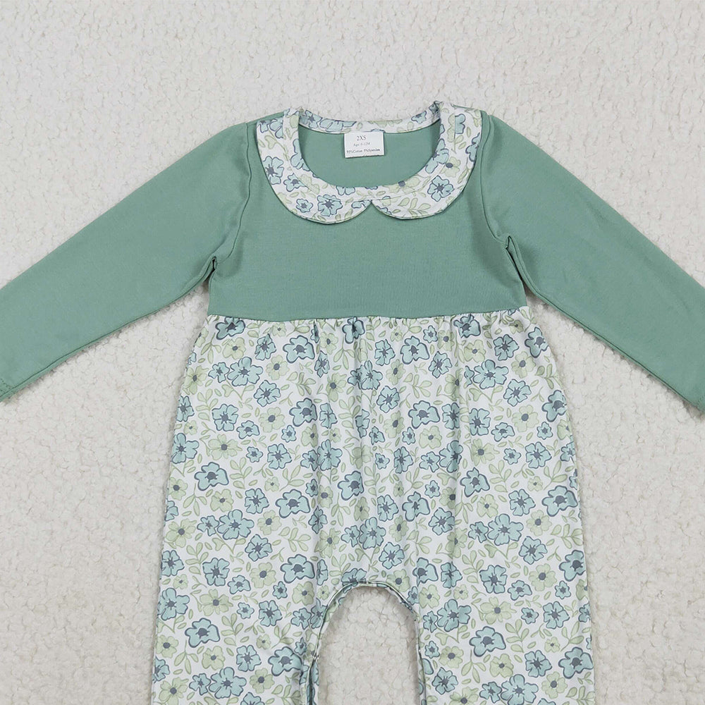 RTS NO MOQ （In stock）LR2258 Baby Girls Winter Rompers Baby Girls Green Long Sleeves Floral Ruffle Pant Rompers