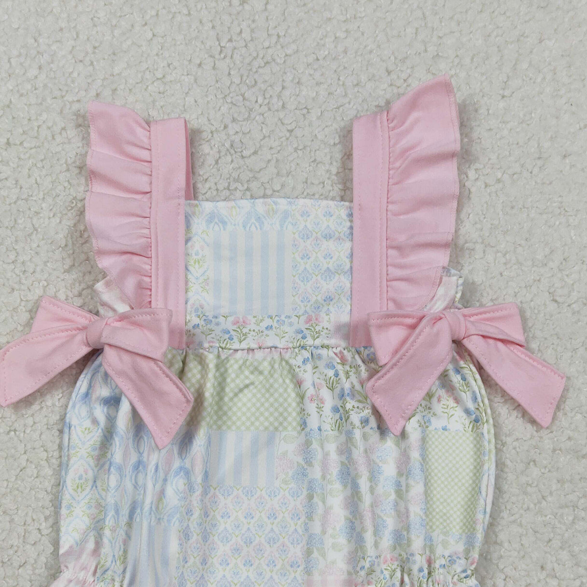 1.31 RTS NO MOQ （In stock）SR3675 Baby Girls Pink Flutter Sleeve Bows Flowers Checked Ruffle Rompers