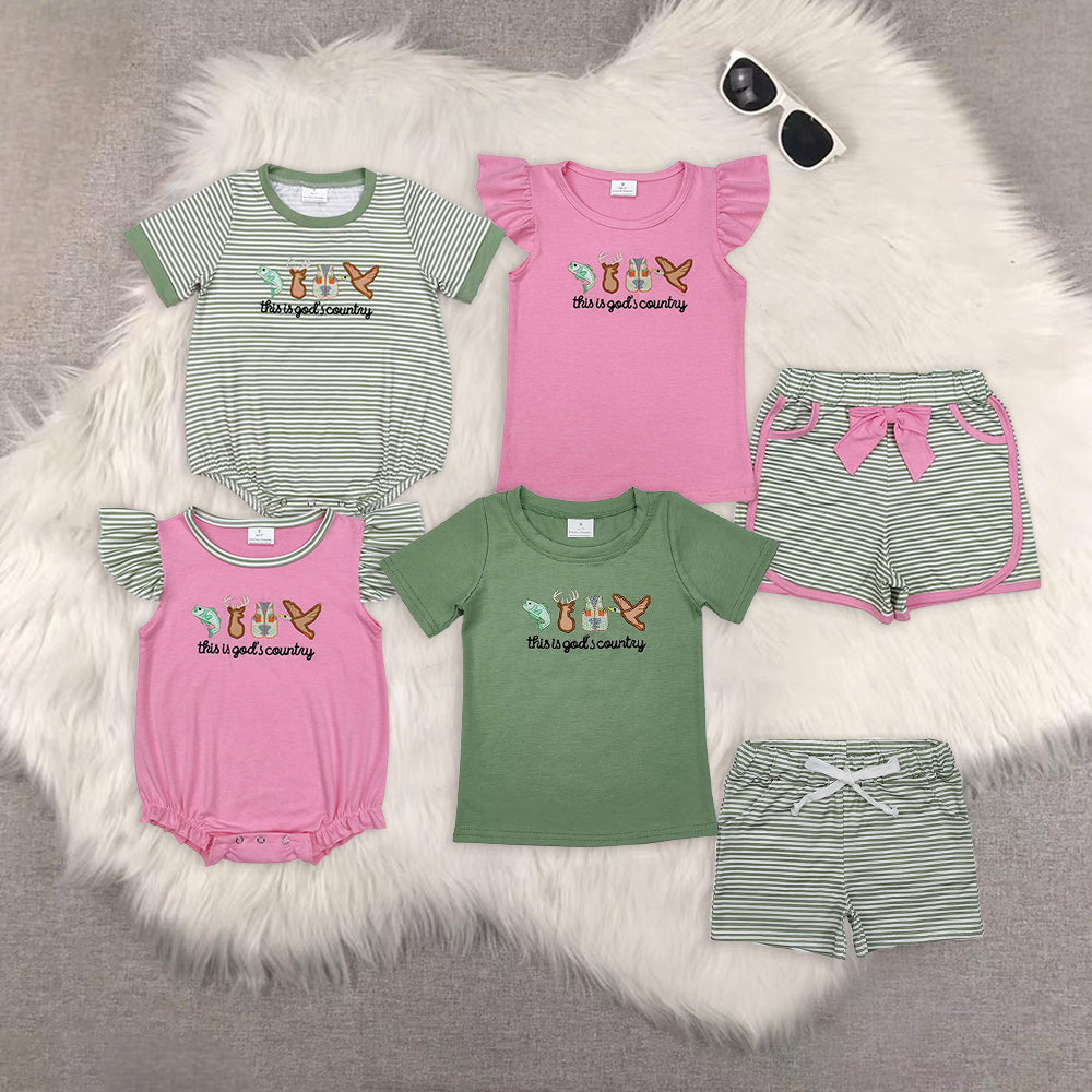 8.16 RTS Sibling This is god's country fish deer duck top shorts boys clothes rompers
