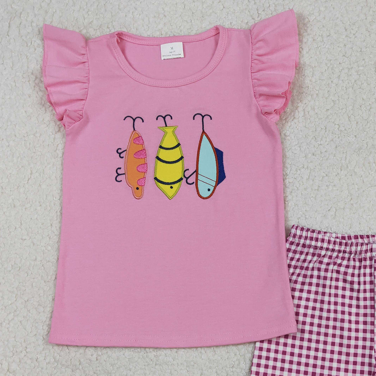 12.23 RTS NO MOQ （In stock）GSSO2795 Embroidery Fishing Baby Girls Shirt Checked Ruffle Shorts Hunting Clothes Sets