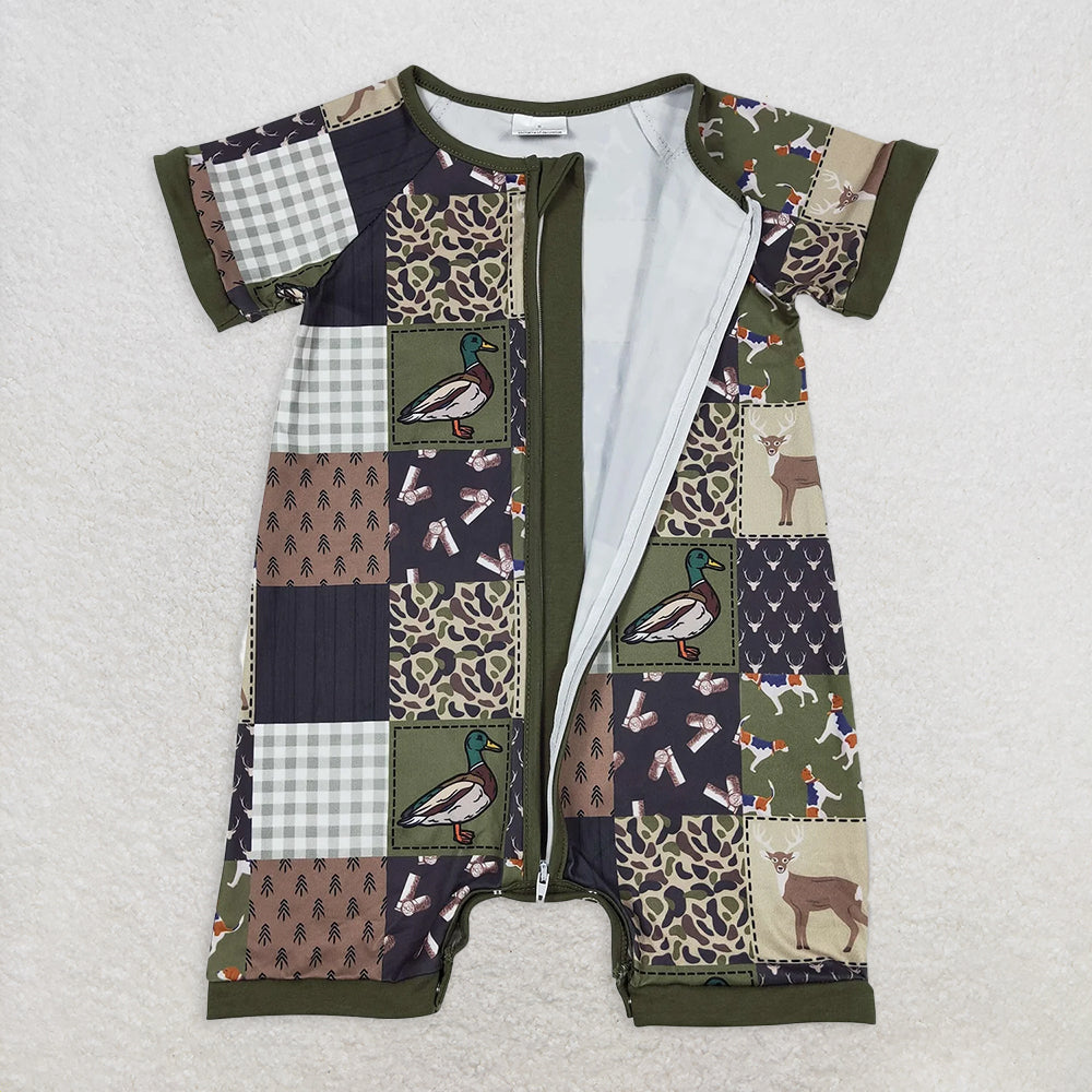 SR0902RTS NO MOQ Baby Boys Summer Rompers Olive duck dog deer patchwork baby boy romper