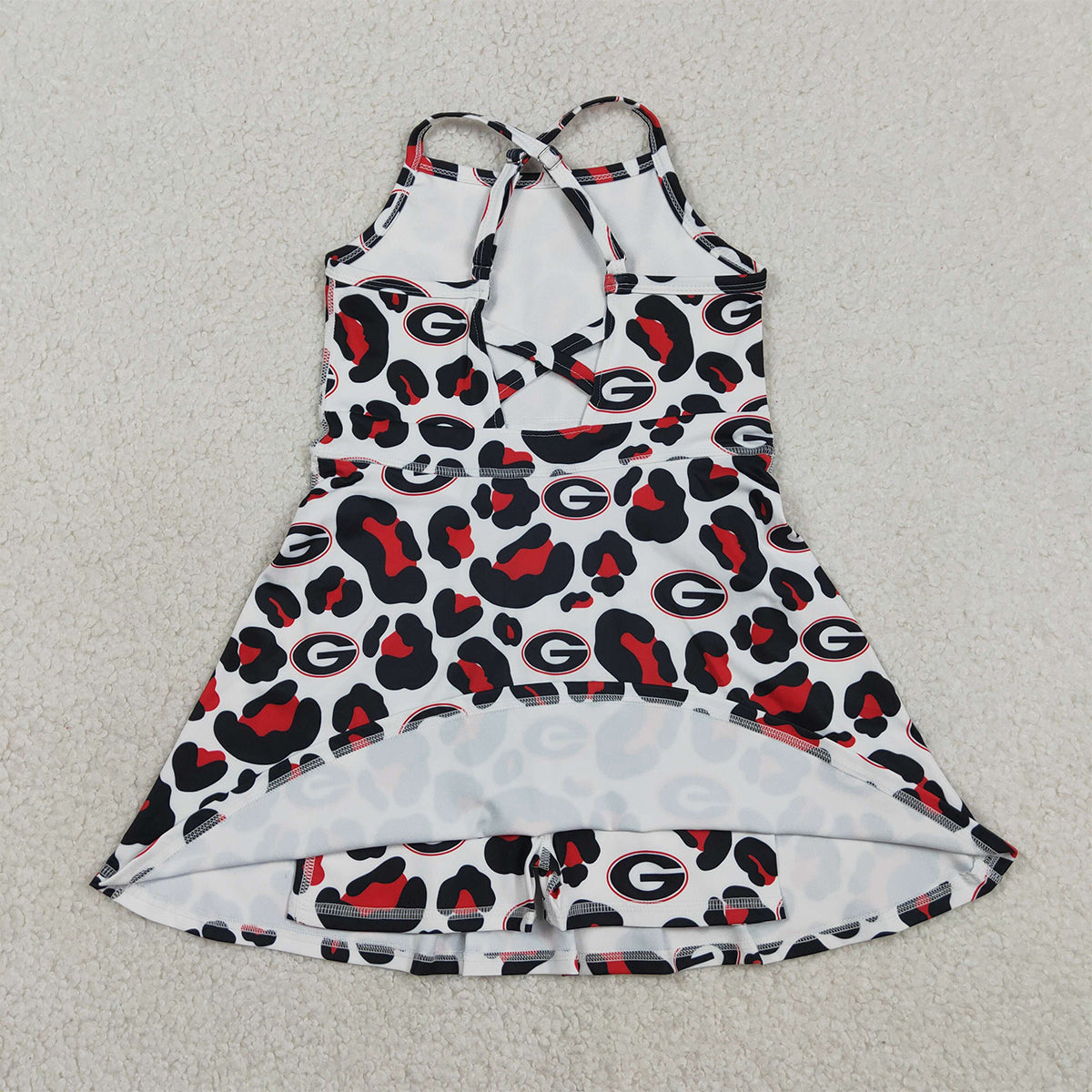 3.10 RTS NO MOQ （In stock）GSD3632 Kids Fashion Clothes Baby Girls Sleeveless Black Red Leopard Team Yoga Active Shorts Knee Length Dress