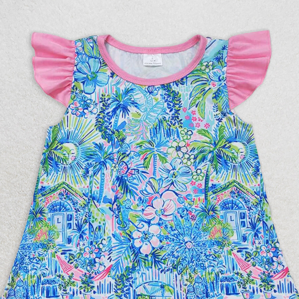 GT0563  RTS NO MOQ Baby Girls Summer Tops Pink flutter sleeves watercolor floral girls shirt