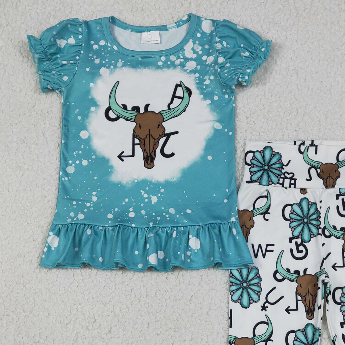 12.22 RTS NO MOQ （In stock）GSPO2114 Baby Girls Bull Skulls Ruffle Top Bell Bottom Pants Western Clothes Sets