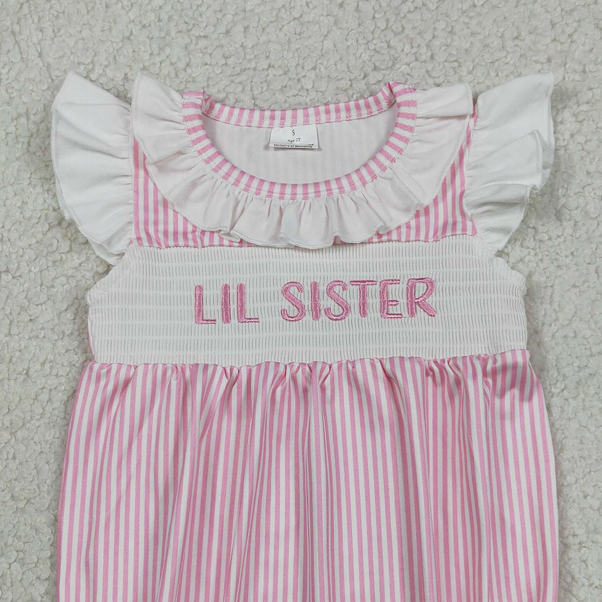 SR3593 RTS NO MOQ （In stock）Flutter sleeves LIL SISTER smocked stripe baby romper