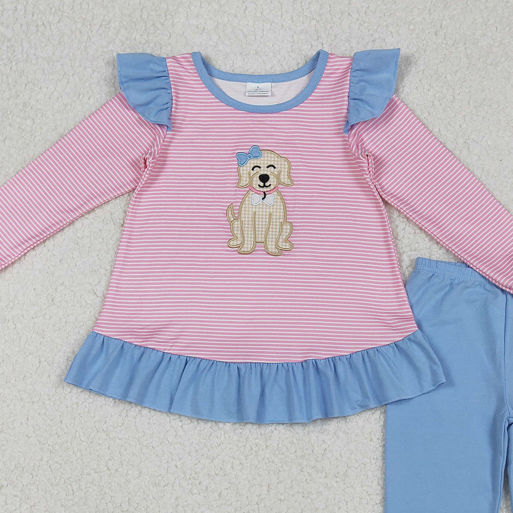 9.30 RTS NO MOQ （In stock）GLP2725 Baby Girls Winter Outfits Embroidery Dog Baby Girls Pink Stripe Tunic Blue Leggings Clothes Set