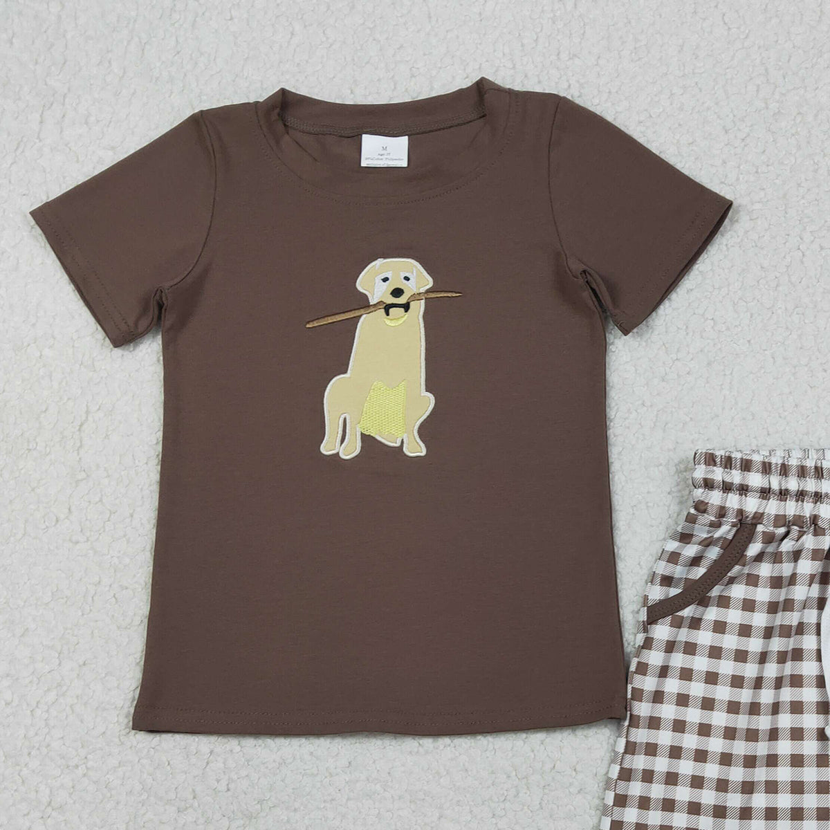 1.16 RTS NO MOQ （In stock）BSSO1637 Embroidery Dogs Baby Boys Brown Top Checked Pockets Shorts Hunting Clothes Sets