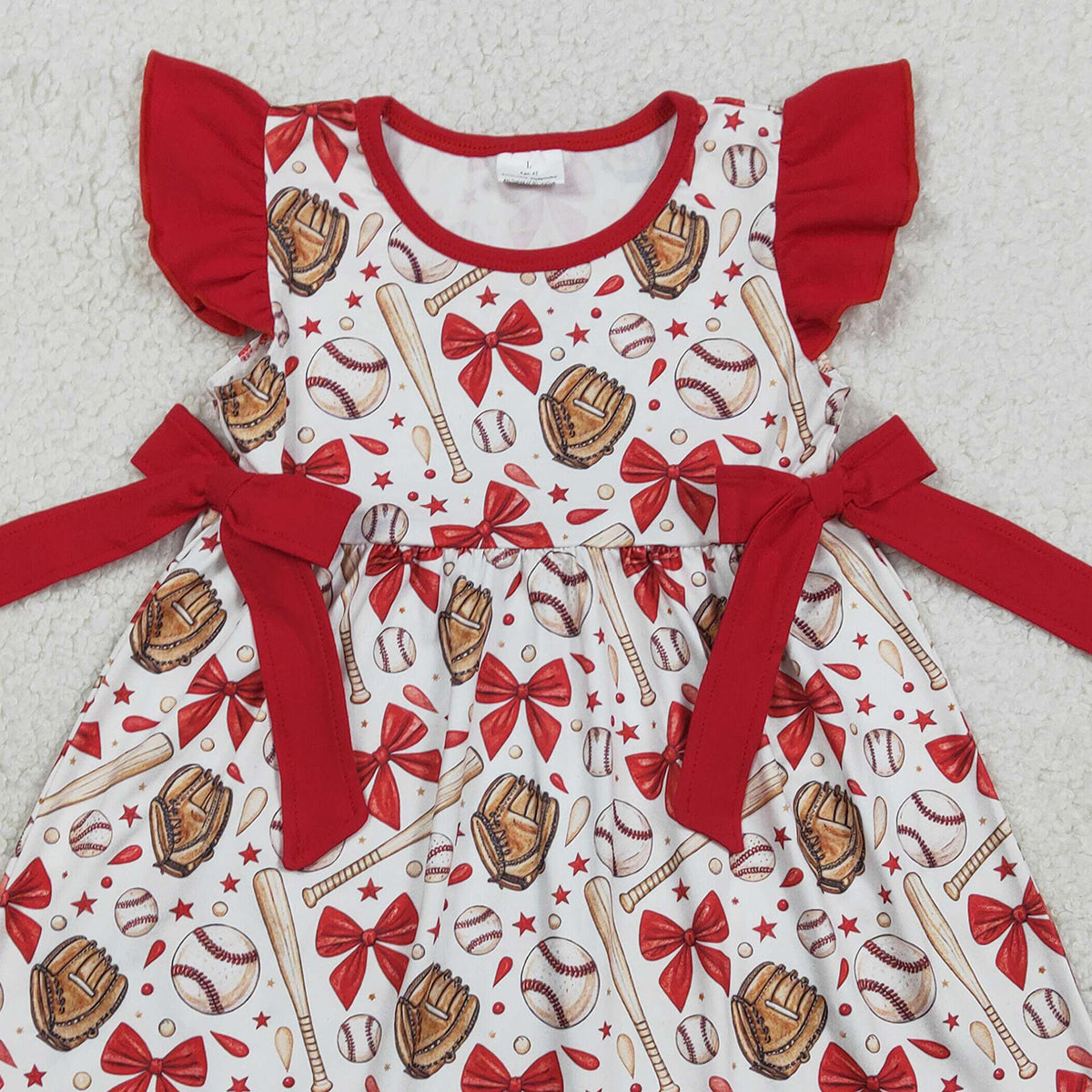 1.24 RTS NO MOQ （In stock）GSD3455 Baby Girls Flutter Sleeve Baseballs Bows Team Knee Length Dresses