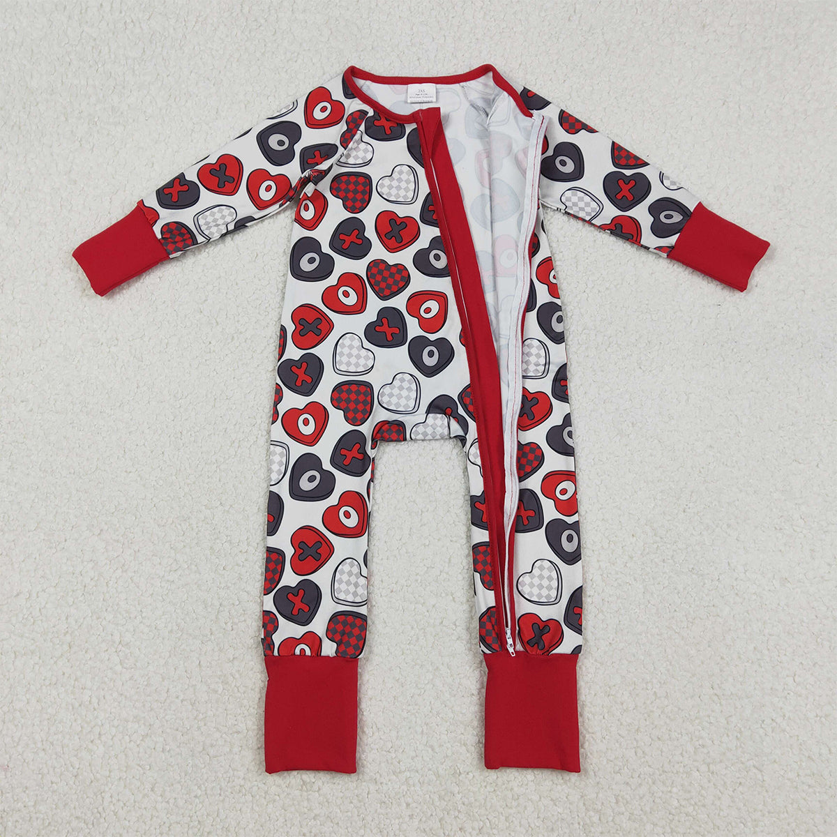 12.10 RTS NO MOQ （In stock）LR2882 Baby Girls Winter Rompers Baby Girls Hearts XOXO Valentines Two Way Zip Convertible Rompers