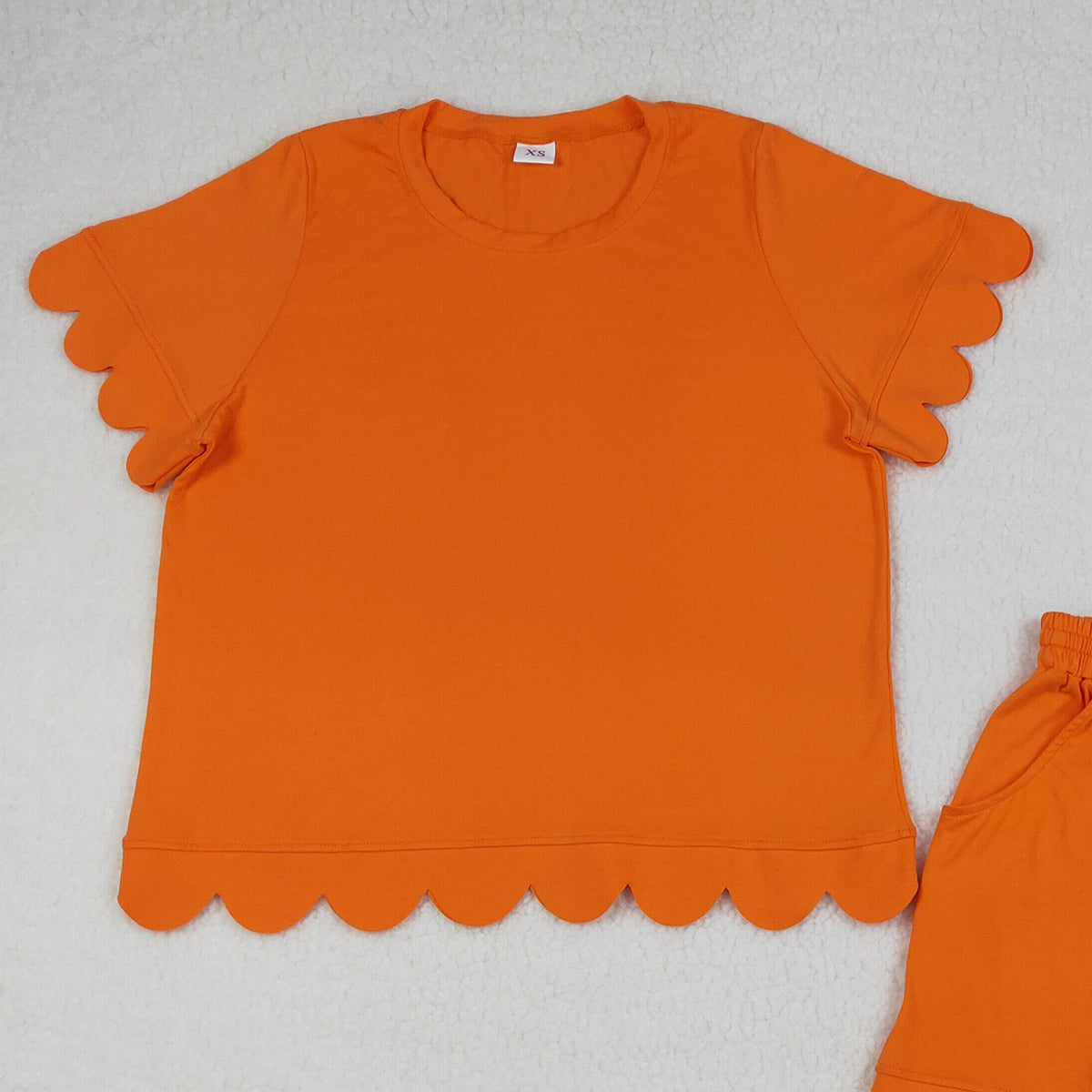 4.8 GSSO3206 RTS NO MOQ （In stock）Orange scallop top shorts adult women summer outfits