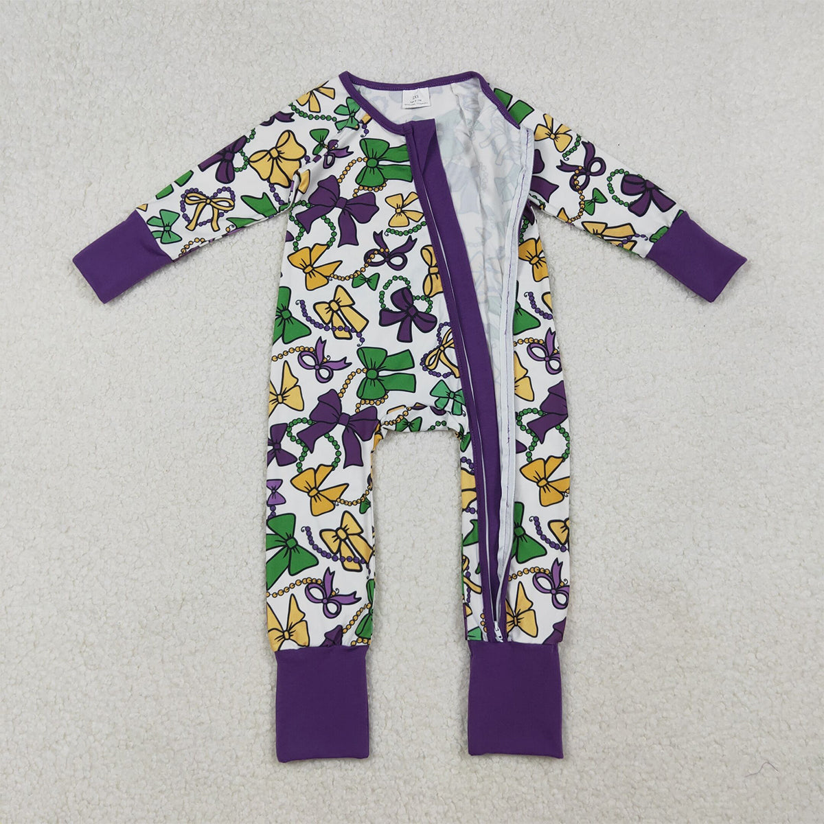 10.13 RTS NO MOQ （In stock）LR2678 Baby Girls Winter Rompers Baby Girls Mardigras Bows Masks Zipper Footie Rompers