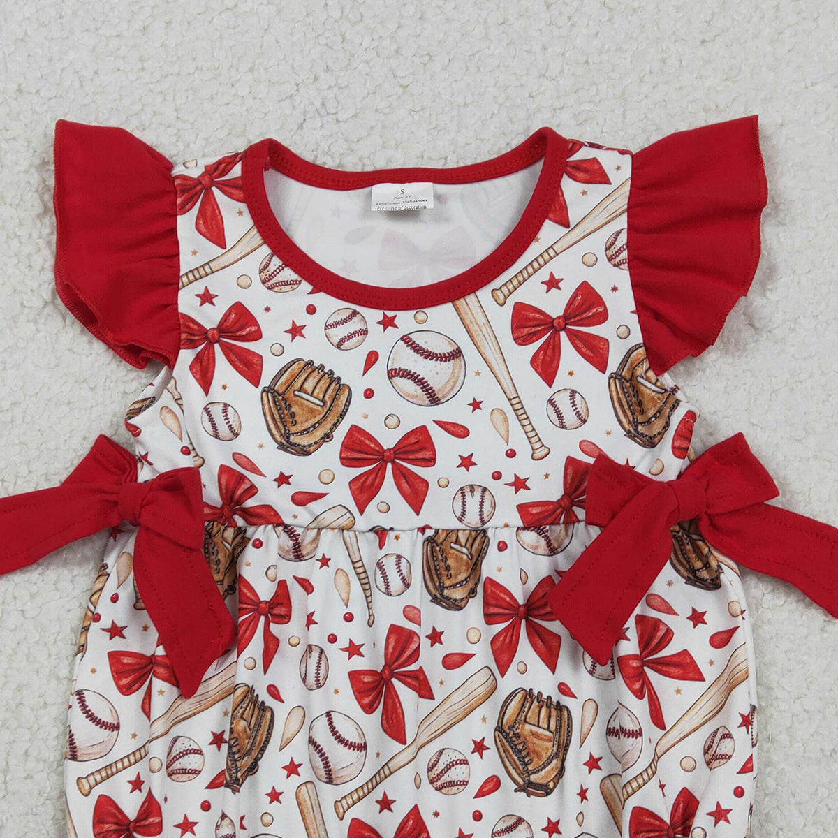 1.23 RTS NO MOQ （In stock）SR3834 Baby Girls Flutter Sleeve Baseballs Bows Team Ruffle Rompers