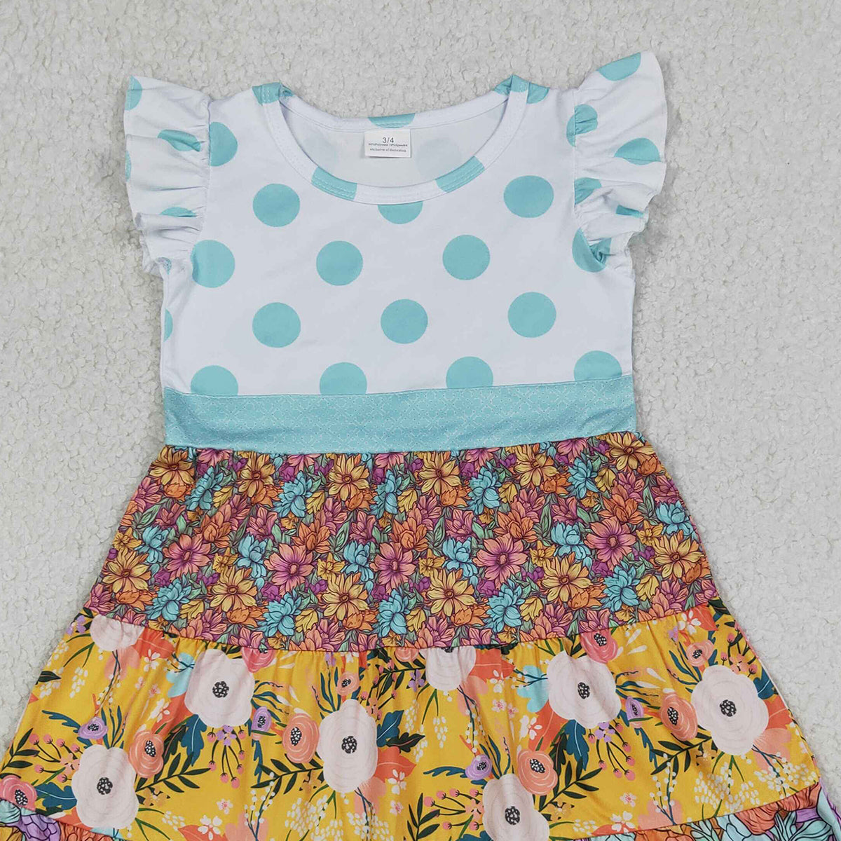 4.11 GSD4091 RTS NO MOQ （In stock ）Baby Girls Flutter Sleeve Colorful Flowers Patchwork Knee Length Dresses