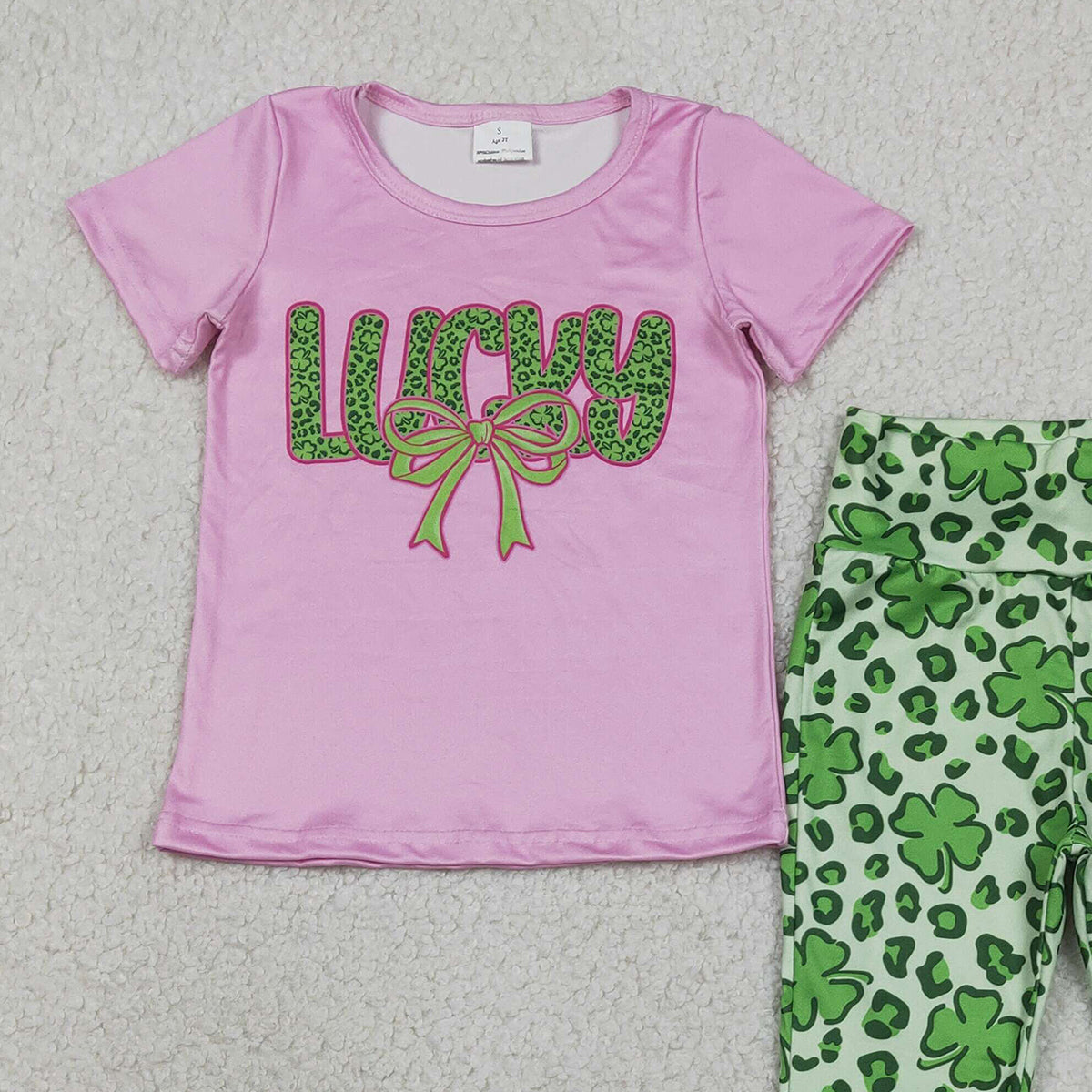 2.3 RTS NO MOQ （In stock）GSPO2104 Baby Girls Clover Bow Lucky Top Bell Bottom Pants St Patrick Clothes Sets