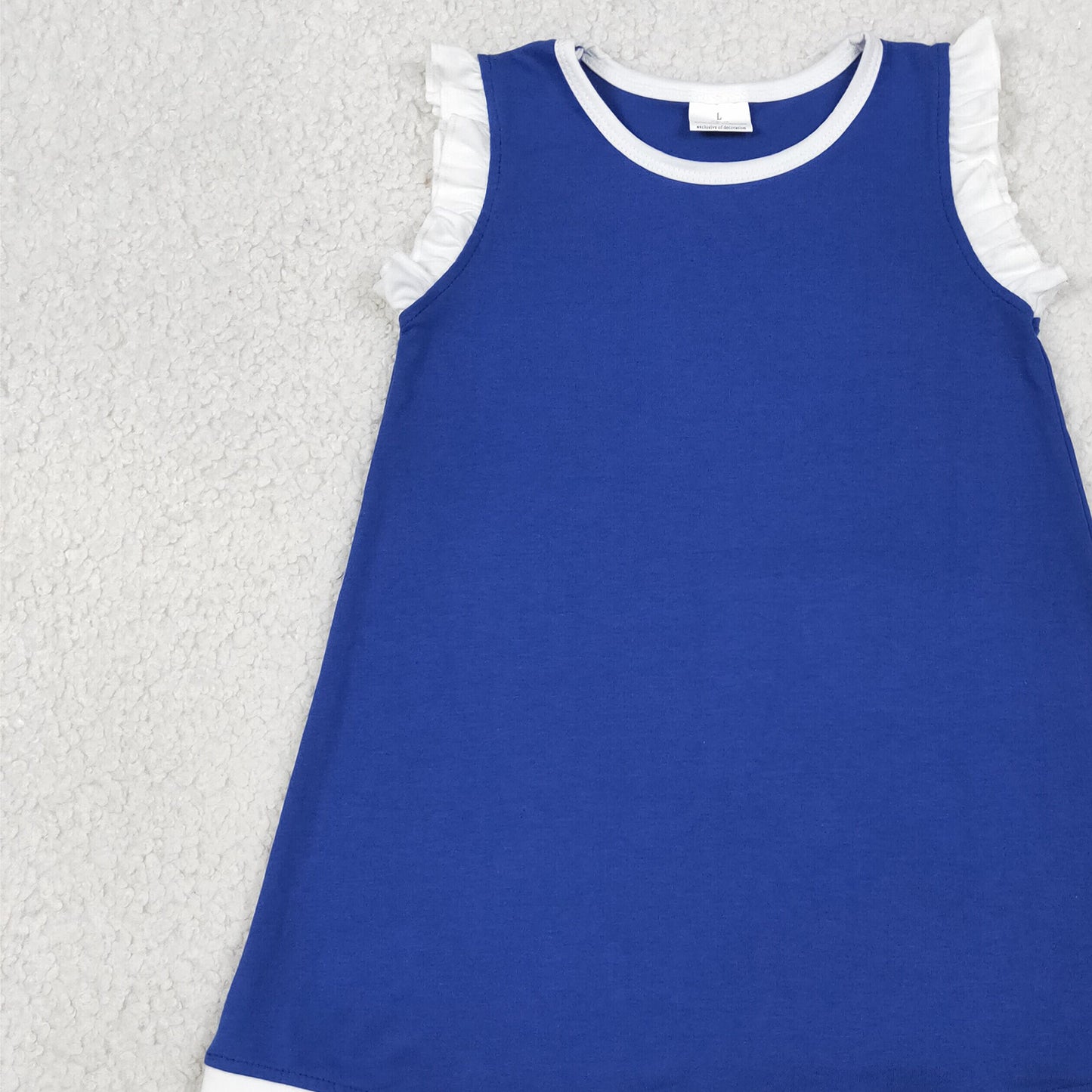 GSD4053 RTS NO MOQ （In stock）White scallop ruffle sleeveless blue girls cotton team dress