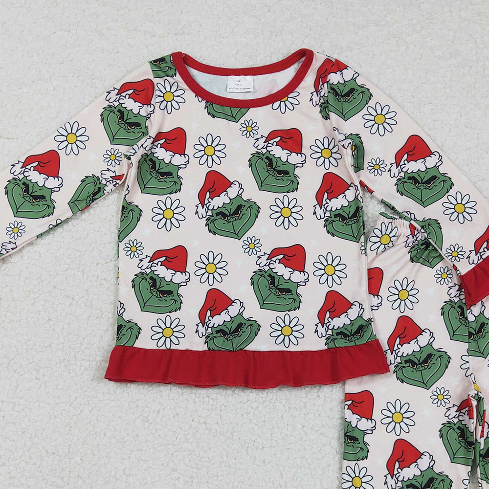 RTS NO MOQ （In stock）GLP2635 Baby Girls Winter Outfits Christmas Green Face Flowers Top Pants Pajamas Set