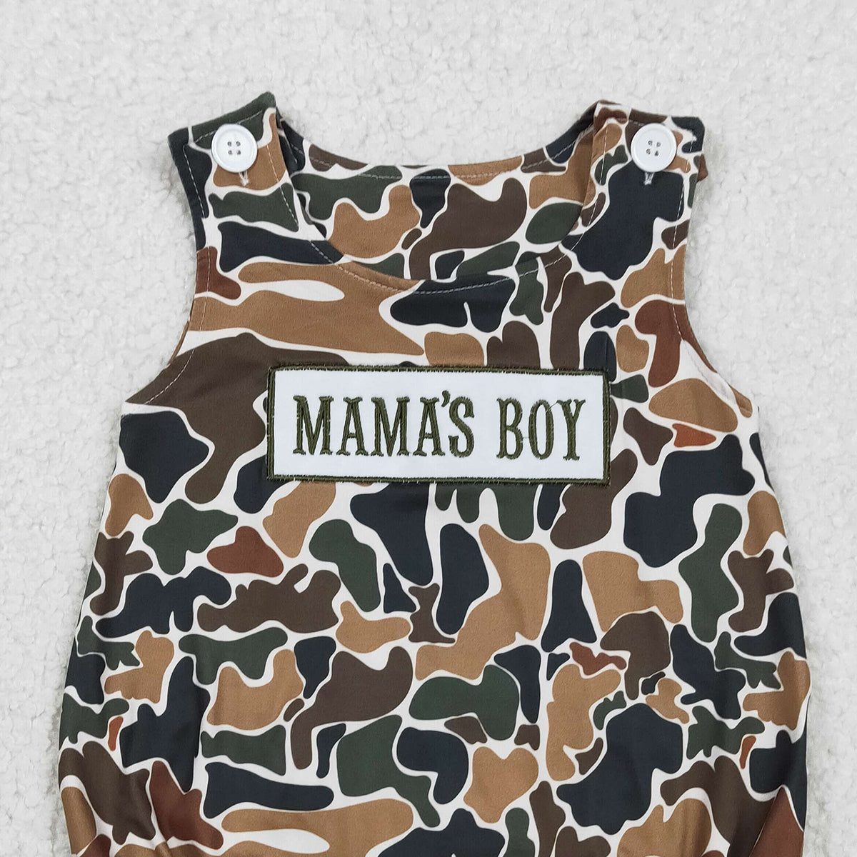 3.3 RTS NO MOQ （In stock）SR3908 Children's Fashion Romper Embroidery Mama's Boy Sleeveless Southern Dark Brown Camo Rompers
