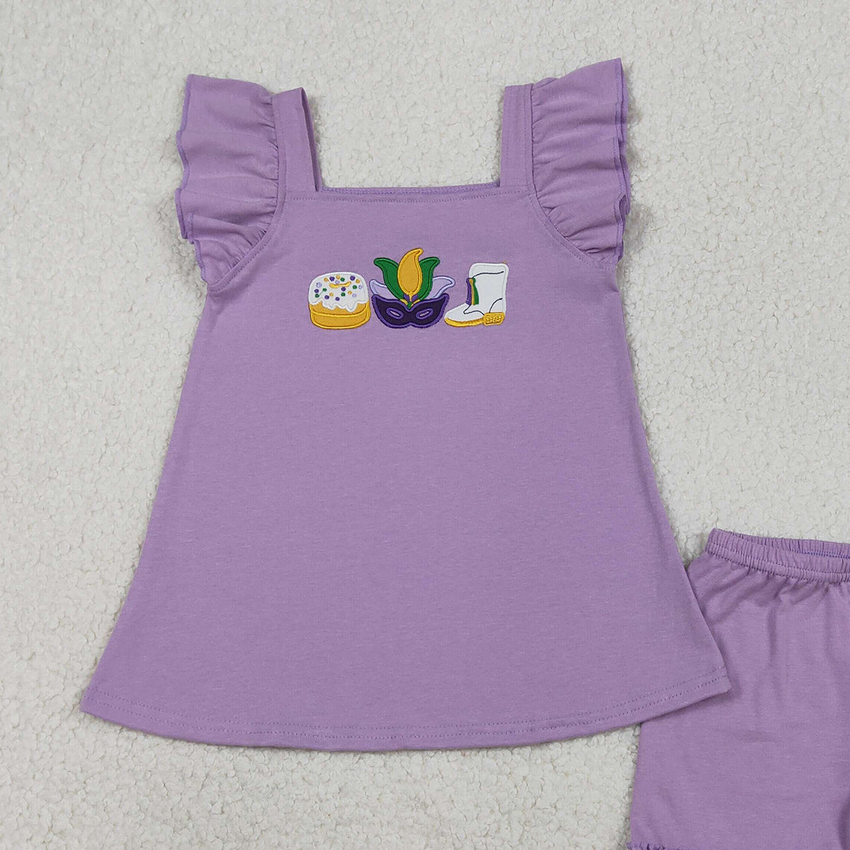 1.20 RTS NO MOQ （In stock）GSSO2828 Embroidery Anchor Masks Donuts Baby Girls Tunic Ruffle Shorts Mardigras Clothes Sets