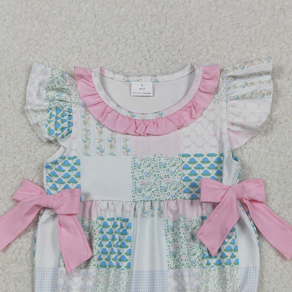 11.6 RTS NO MOQ （In stock）SR3293 Baby Boys Summer Rompers Baby Girls Bows Flowers Checked Bows Flutter Sleeve Ruffle Rompers