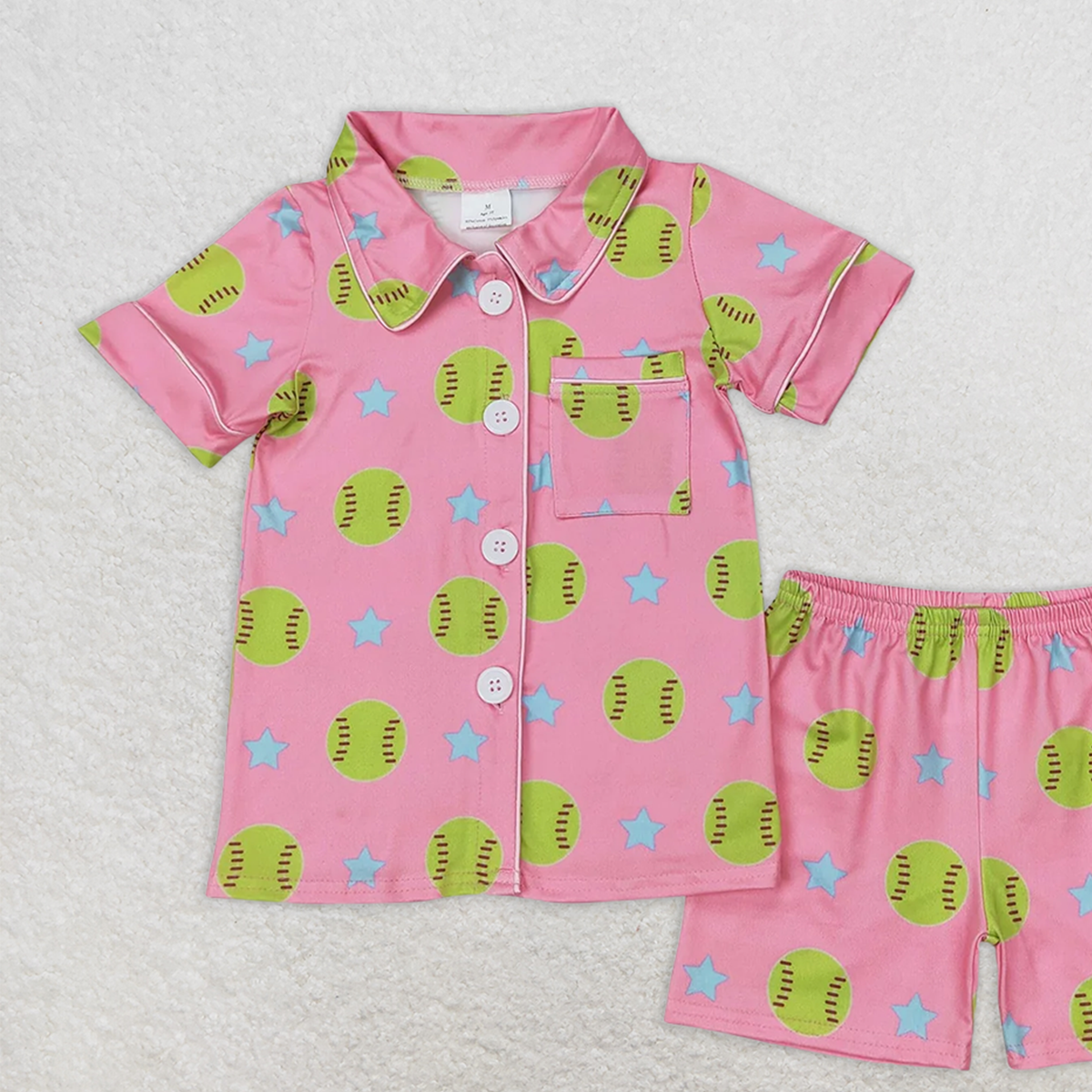 GSSO2203RTS NO MOQ Baby Girls Summer Pajamas Outfits Kids Girls Short Sleeve Pink Softball Button down Pajamas Lightweight Sleepwear for Children