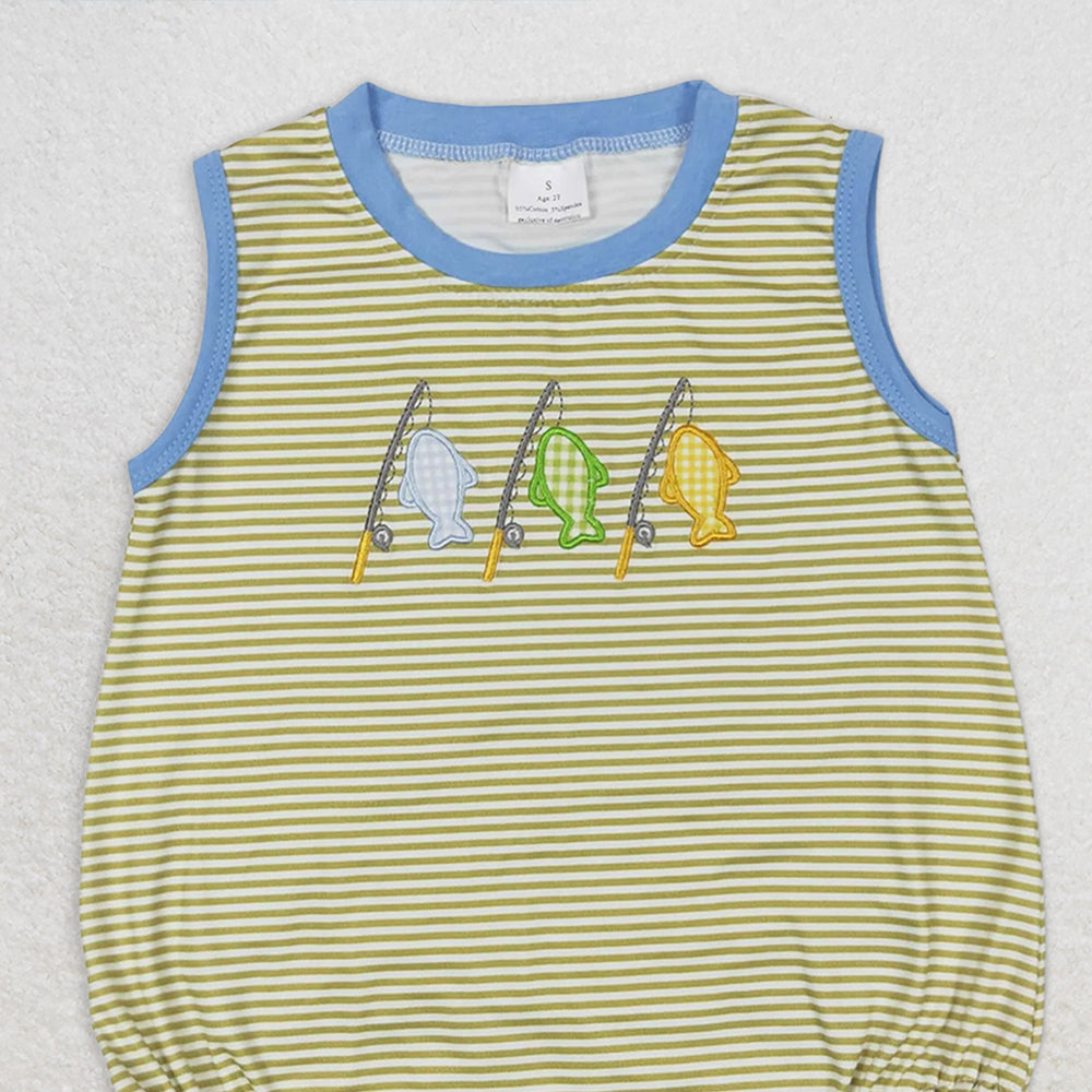 SR1281 RTS NO MOQ Baby Boys Summer Rompers Baby Boys Stripes Fishing Sibling Embroidery Summer Rompers Clothes Sets