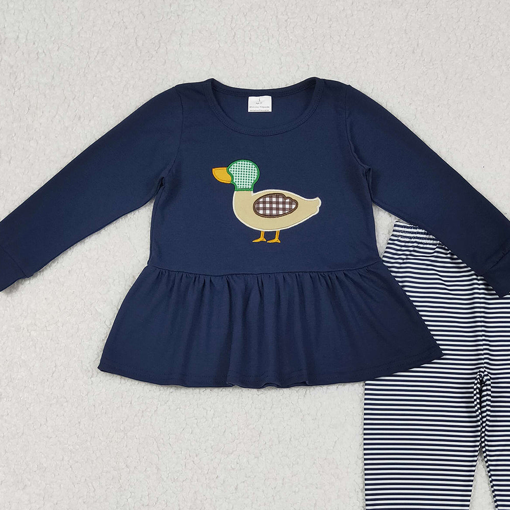 RTS NO MOQ （In stock）GLP2595 Baby Girls Winter Outfits Girls Navy Duck Long Sleeve Top with Stripe Leggings – Outfits for Ages Comfortable Clothing Set