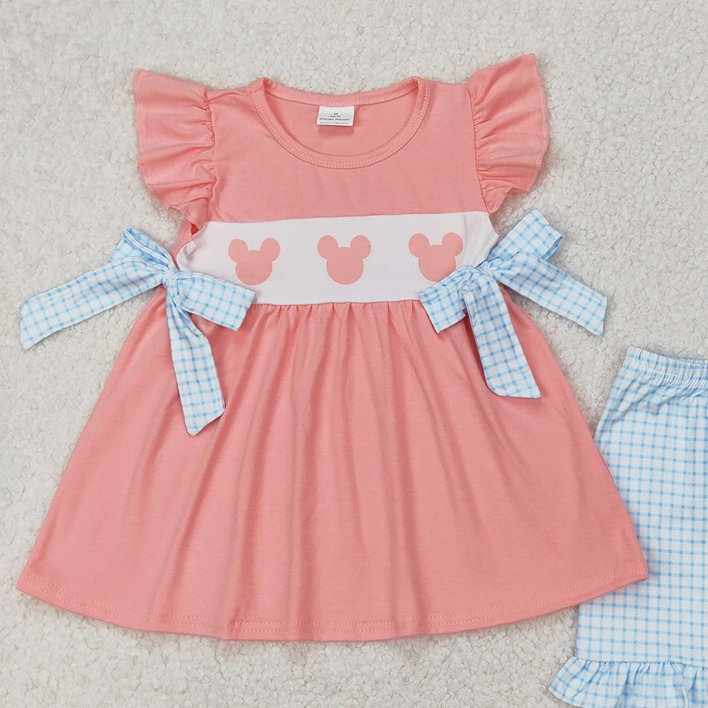 4.25 GSSO2126  RTS NO MOQ Flutter sleeves mouse tunic plaid shorts girls clothes