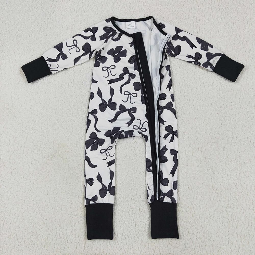 8.16 USA Shop (in stock) LR2253 RTS NO MOQ Baby  Winter Rompers Baby Kids Long Sleeves Black Bows Zipper Rompers