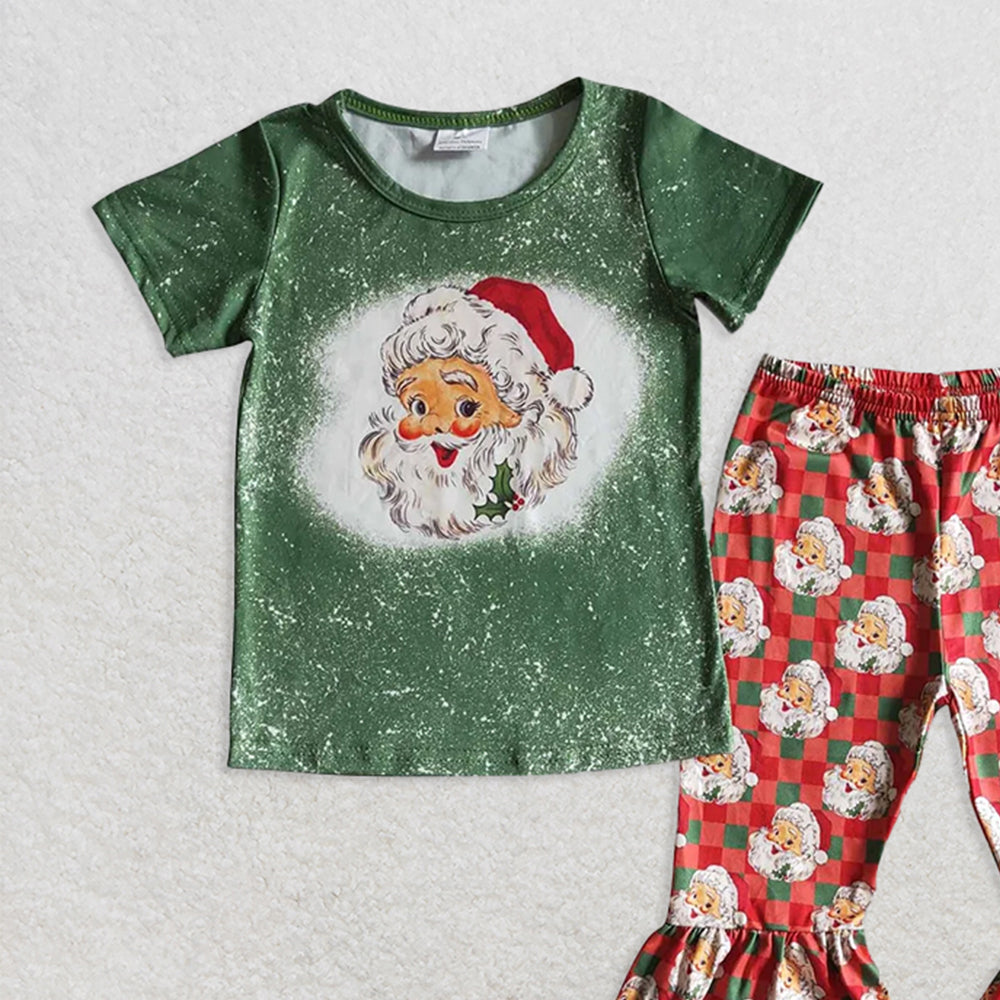 GSPO0182 RTS NO MOQ Baby Girls Spring Outfits Girls Santa Claus green short-sleeved trousers suit