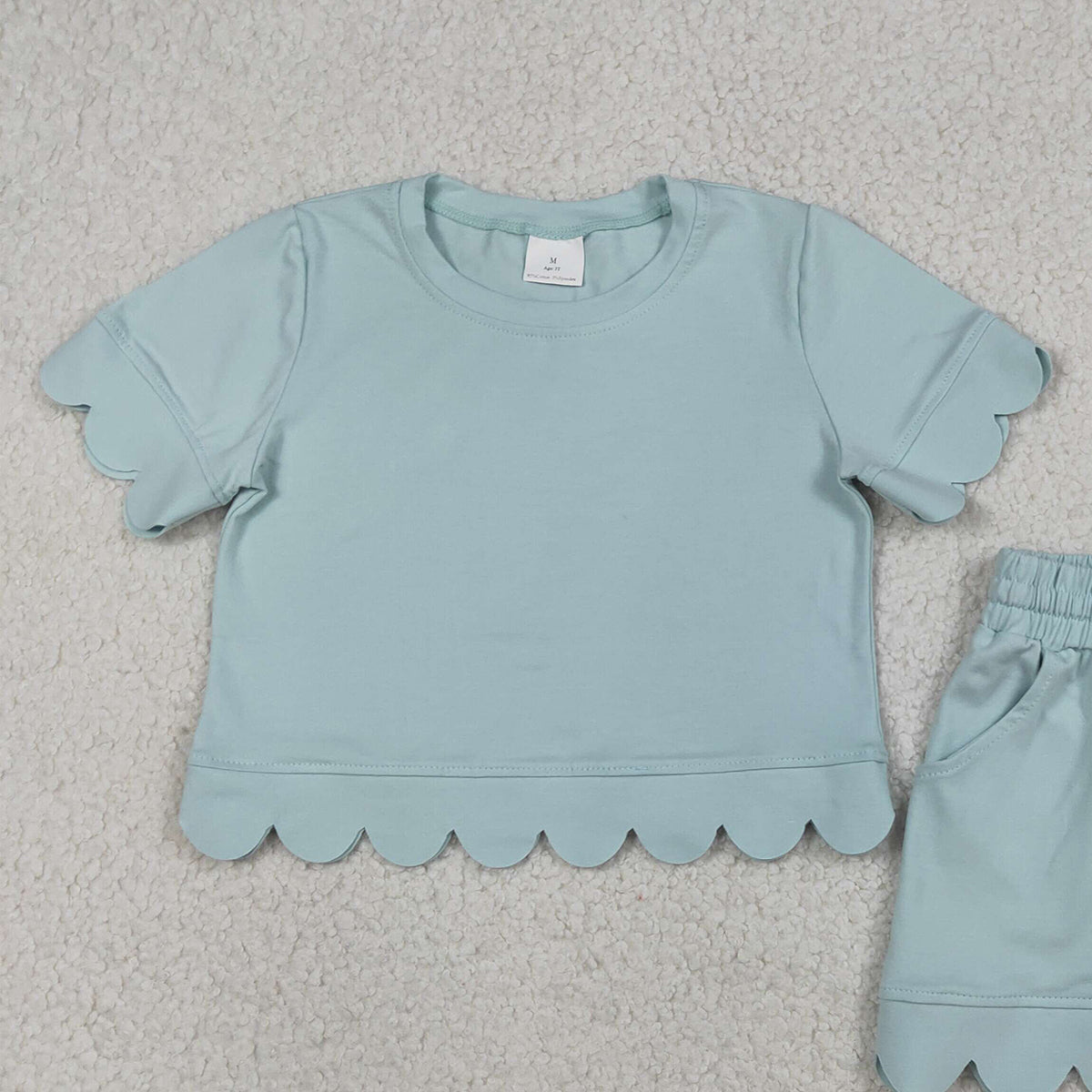 3.21 RTS NO MOQ （In stock）GSSO3174 Kids Clothing for Baby Girls Short Sleeve Light Blue Shirts Top Shorts Scallop Clothes Sets
