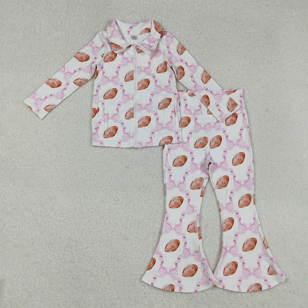 RTS NO MOQ （In stock）GT1088+P0780 Baby Girls Yoga Outfits Long Sleeve Pink Bow Football Zipper Yoga Top with Bell Bottom Pants Girls Active Wear Fitness Outfit