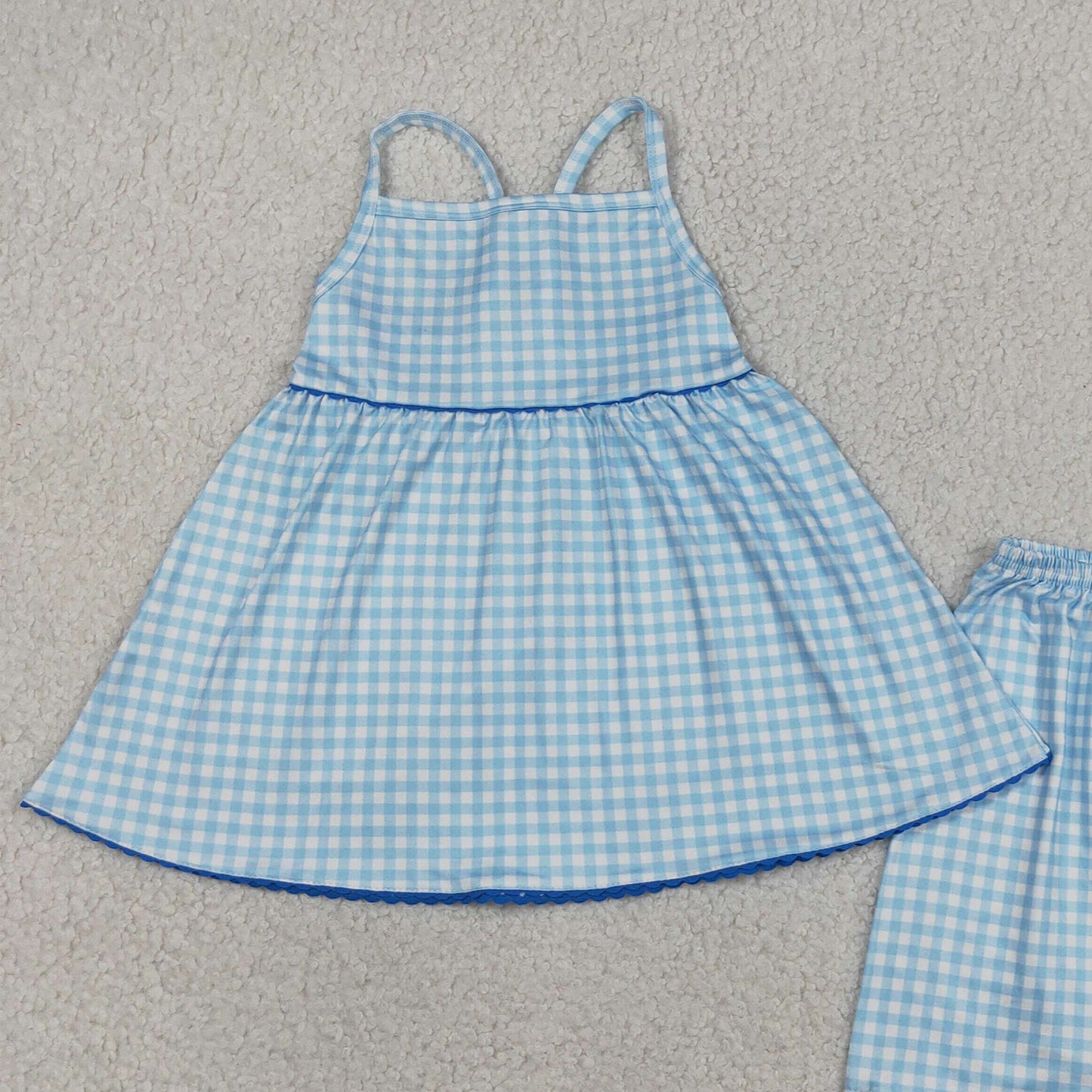 GSSO3418 RTS NO MOQ （In stock ）Straps blue plaid tunic shorts kids girls outfits