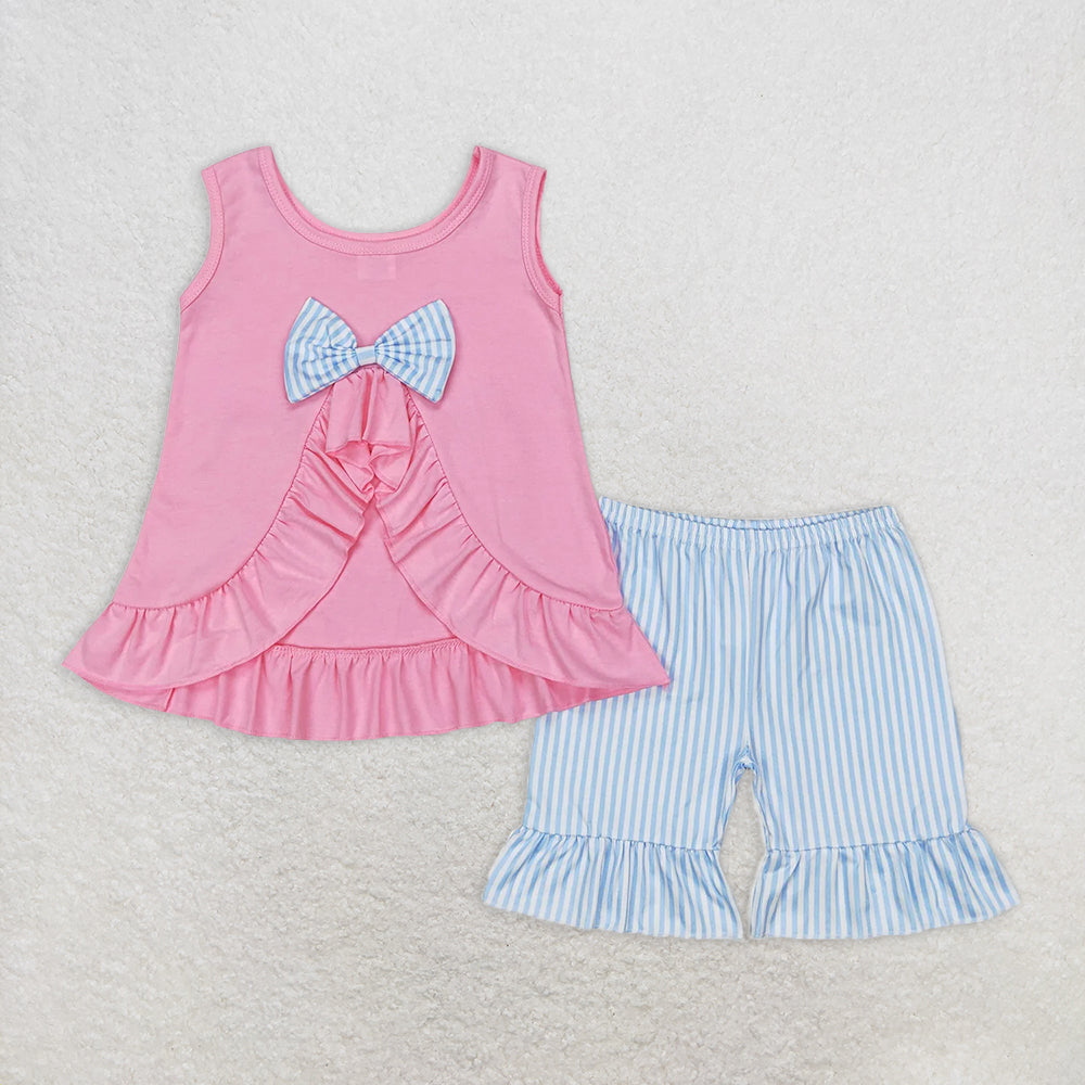 GSSO0438RTS NO MOQ Baby Girls Summer Outfits Pink cotton tunic ruffle shorts girls summer clothes