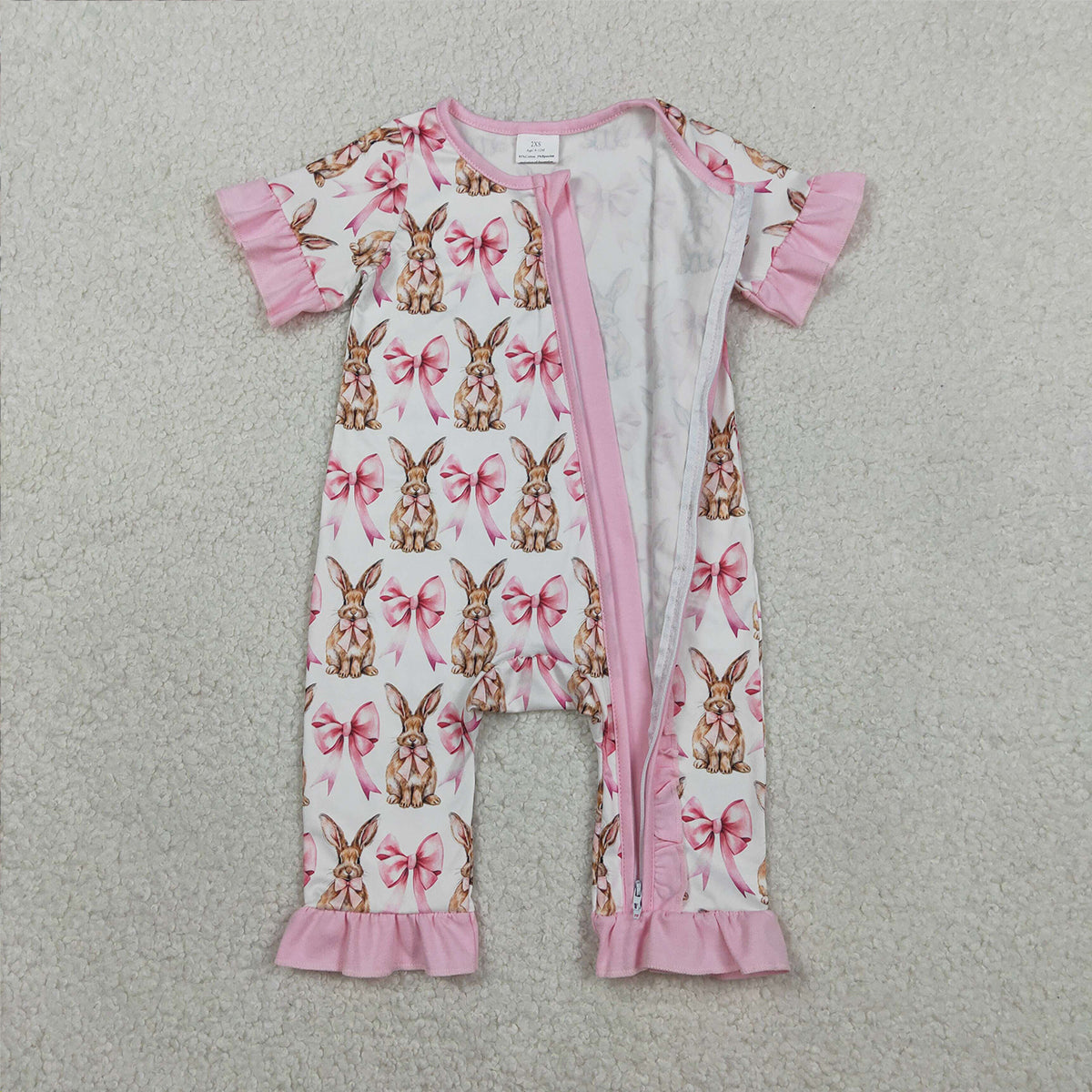2.2 RTS NO MOQ （In stock）SR2020 Baby Girls Short Sleeve Bows Rabbits Easter Ruffle Zipper Rompers