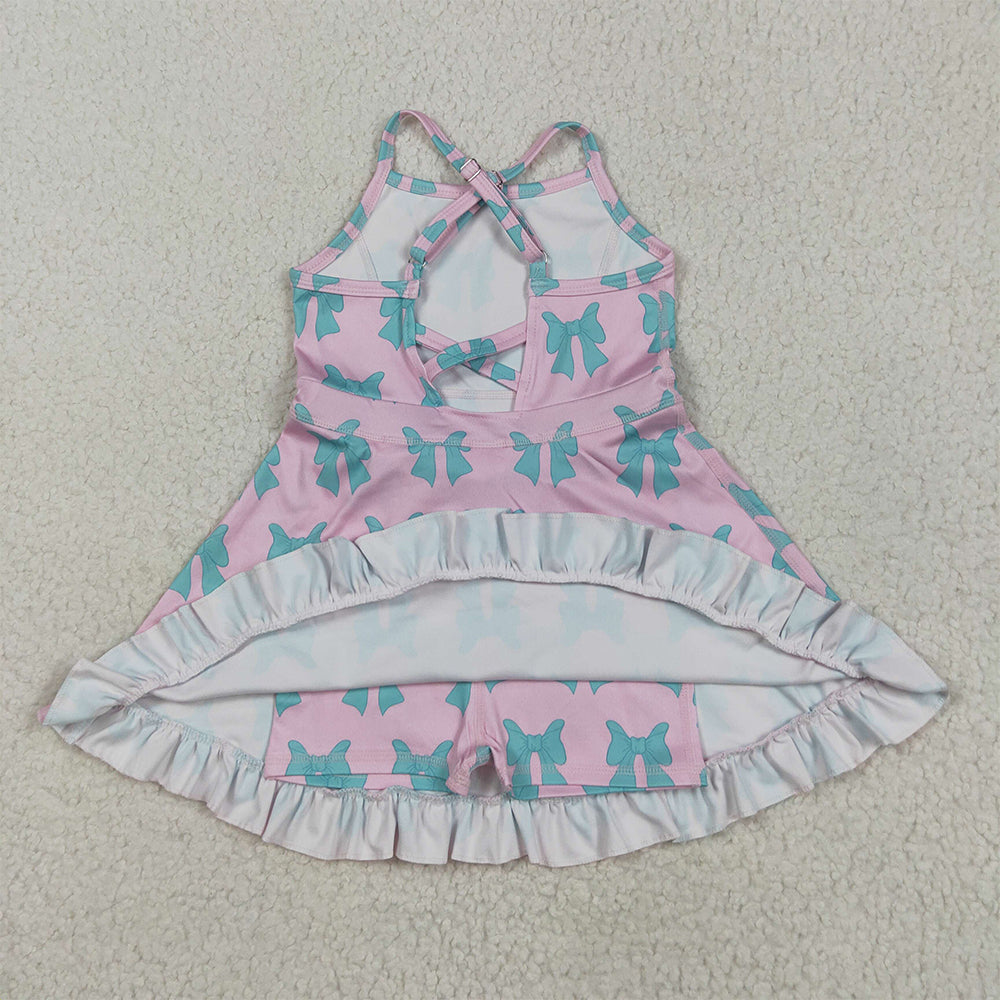 7.15 GSD2293RTS NO MOQ Baby Girls Summer Yoga Dress Baby Girls Active Wear Aqua Bow In Pink Yoga Dress
