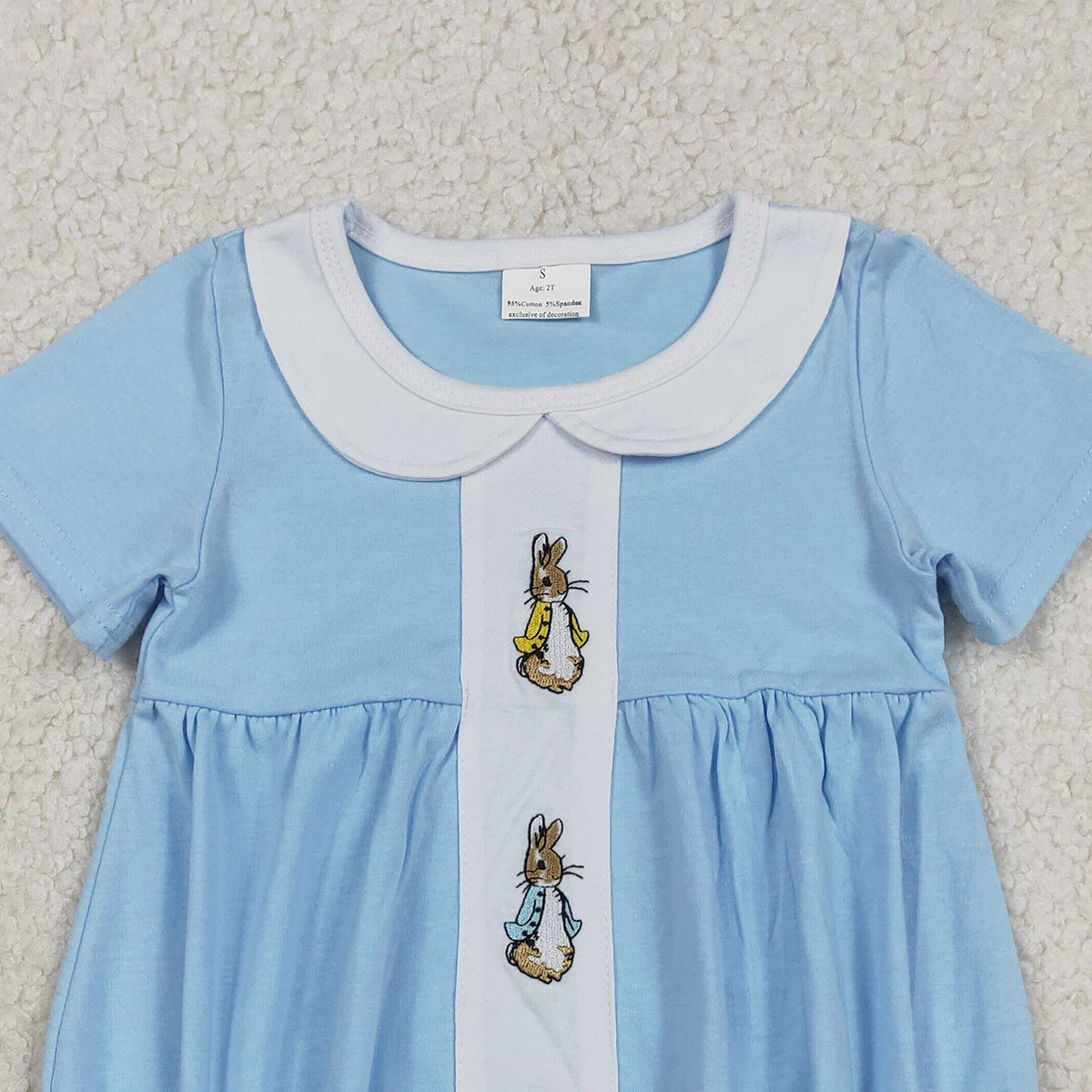 1.9 RTS NO MOQ （In stock）SR3383 Embroidery Rabbits Baby Boys Short Sleeve Easter Collar Rompers