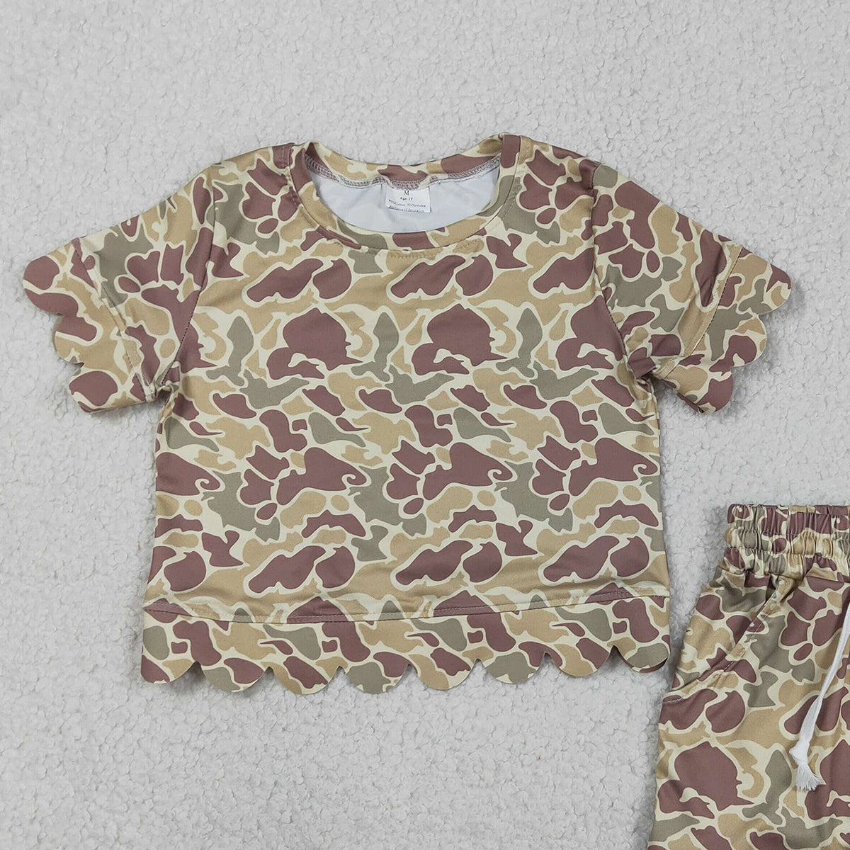 3.13 RTS NO MOQ （In stock）GSSO3224 Kids Clothing for Baby Girls Short Sleeve Khaki Camo Top Scallop Shorts Clothes Set